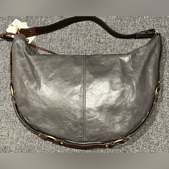 Hobo bag NWT leather graphite with brown and gold detail. Comes with cloth bag. - Picture 1 of 10